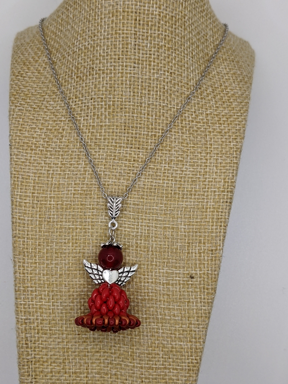 Silver-Tone Red Bead Angel Pendant Necklace - Women Jewelry